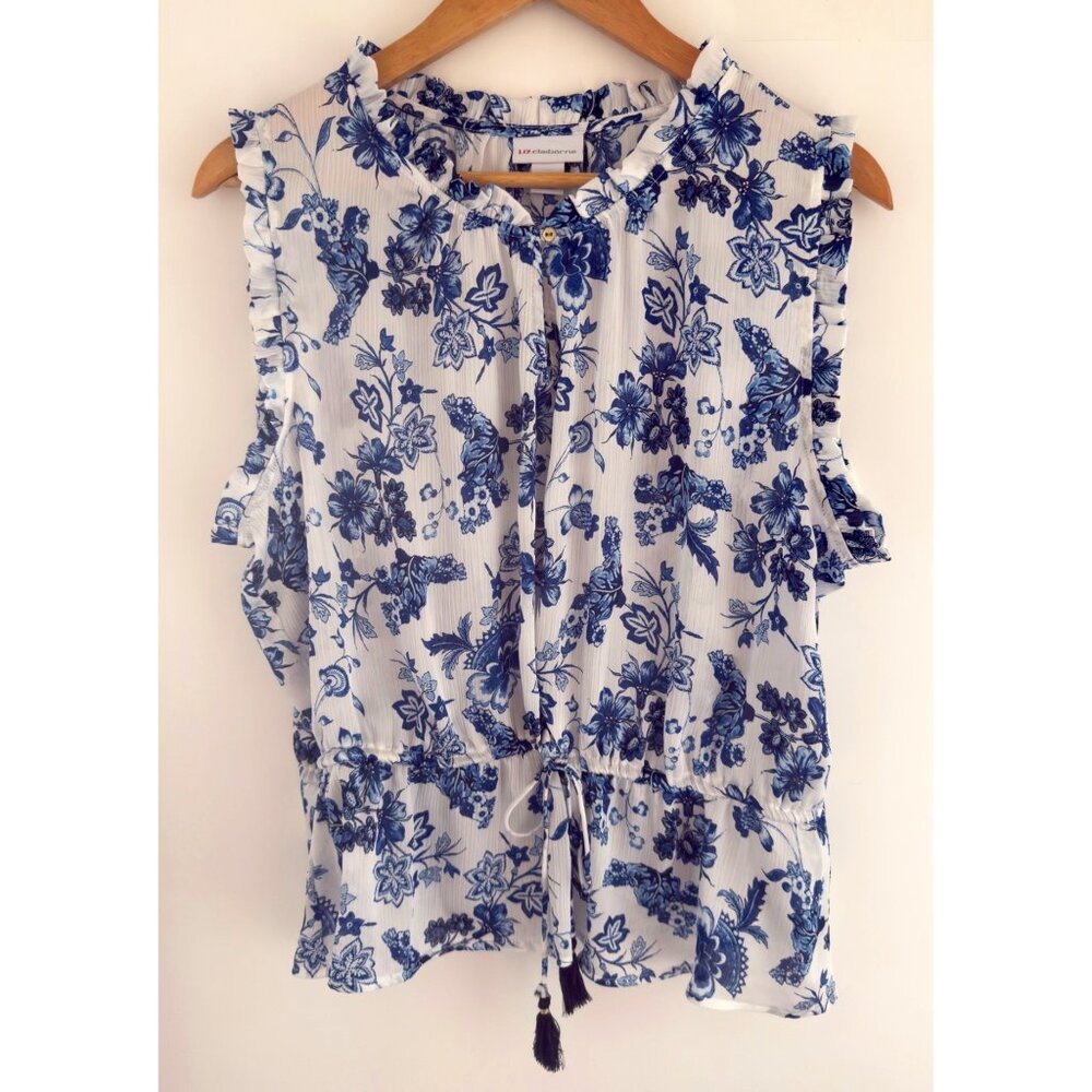 Liz Claiborne Soft Blue Navy and White Floral Womens XL Blouse Cottagecore Keyho